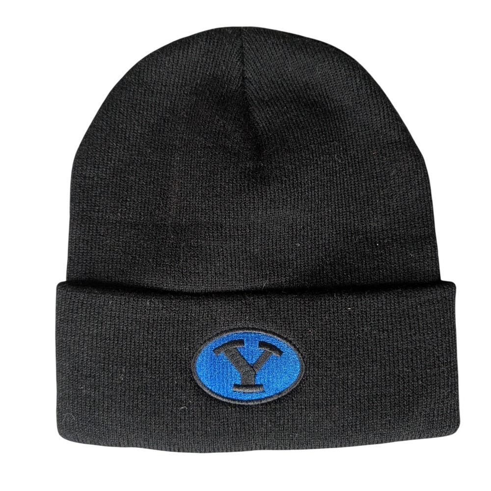 Black Knit‎ Cuffed Beanie Hat Blue Oval Y Embroidered Logo Sports Watch Cap